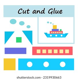 Educational paper game for kids. Cut parts of the image and glue on the paper. DIY worksheet. Vector illustration of ship from geometric shapes. 