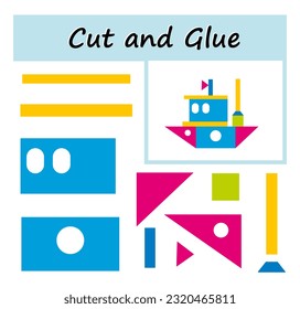Educational paper game for kids. Cut parts of the image and glue on the paper. DIY worksheet. Vector illustration of boat from geometric shapes. 