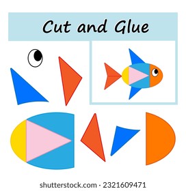 Educational paper game for kids. Cut parts of the image and glue on the paper. DIY worksheet. Vector illustration of cartoon fish. 