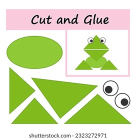 Educational paper game for kids. Cut parts of the image and glue on the paper. DIY worksheet. Vector illustration of cartoon frog. 