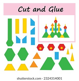 Educational paper game for kids. Cut parts of the image and glue on the paper. DIY worksheet. Vector illustration of cartoon castle. 