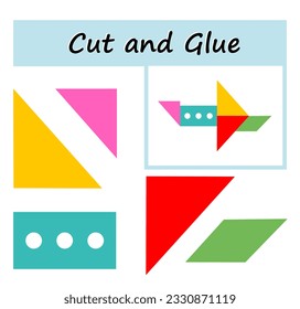 Educational paper game for kids. Cut parts of the image and glue on the paper. DIY worksheet. Vector illustration of cartoon airplane. 