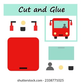 Educational paper game for kids. Cut parts of the image and glue on the paper. DIY worksheet. Vector illustration of cartoon autobus. 