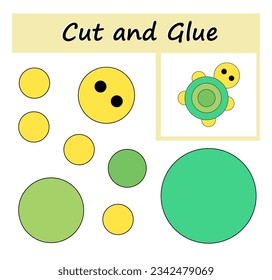 Educational paper game for kids. Cut parts of the image and glue on the paper. DIY worksheet. Vector illustration of cartoon turtle. 