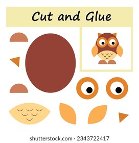 Educational paper game for kids. Cut parts of the image and glue on the paper. DIY worksheet. Vector illustration of cartoon owl. 
