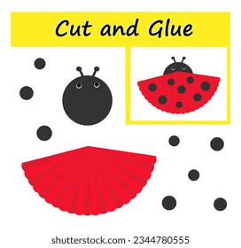 Educational paper game for kids. Cut parts of the image and glue on the paper. DIY worksheet. Vector illustration of cartoon ladybug.