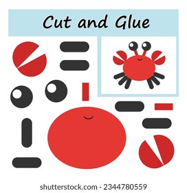 Educational paper game for kids. Cut parts of the image and glue on the paper. DIY worksheet. Vector illustration of cartoon crab. 