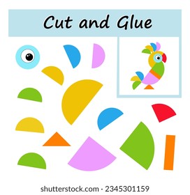 Educational paper game for kids. Cut parts of the image and glue on the paper. DIY worksheet. Vector illustration of cartoon parrot.