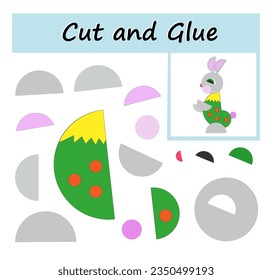 Educational paper game for kids. Cut parts of the image and glue on the paper. DIY worksheet. Cartoon hare.