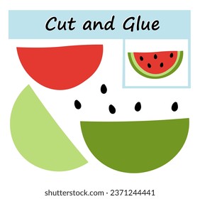 Educational paper game for kids. Cut parts of the image and glue on the paper. DIY worksheet. Cartoon watermelon.