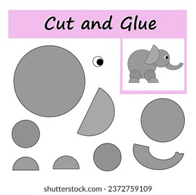 Educational paper game for kids. Cut parts of the image and glue on the paper. DIY worksheet. Cartoon elephant.