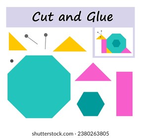 Educational paper game for kids. Cut parts of the image and glue on the paper. DIY worksheet. Cartoon snail. 