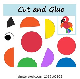  Educational paper game for kids. Cut parts of the image and glue on the paper. DIY worksheet. Cartoon parrot.