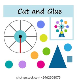 Educational paper game for kids. Cut parts of the image and glue on the paper. DIY worksheet. Vector illustration of Ferris wheel. 