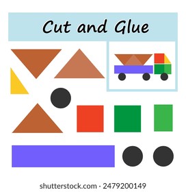 Educational paper game for kids. Cut parts of the image and glue on the paper. DIY worksheet. Vector illustration of car from geometric shapes. 