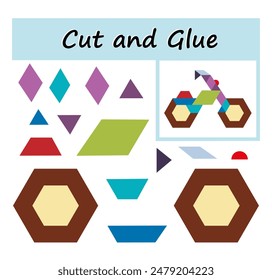 Educational paper game for kids. Cut parts of the image and glue on the paper. DIY worksheet. Vector illustration of bicycle from geometric shapes. 