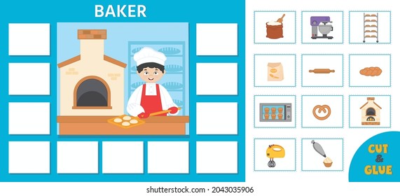 Educational paper game for kids. Puzzle. Learning cards. Professions. Baker at the bakery. Preschool worksheet activity. Vector illustration