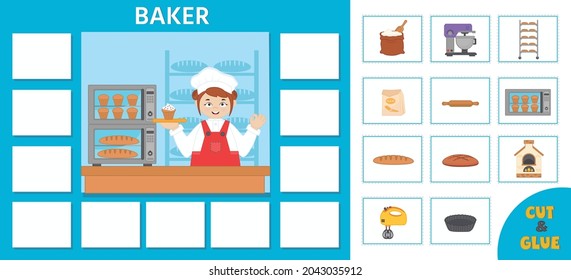 Educational paper game for kids. Puzzle. Learning cards. Professions. Baker at the bakery. Preschool worksheet activity. Vector illustration