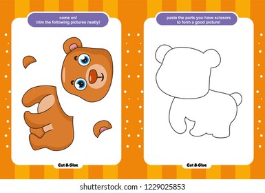 Educational paper game for kids, Use scissors and glue and restore pictures, Simple child application with dogs, chickens, bears, crocodiles, giraffes, sheep, cats, lions, snails, mice.