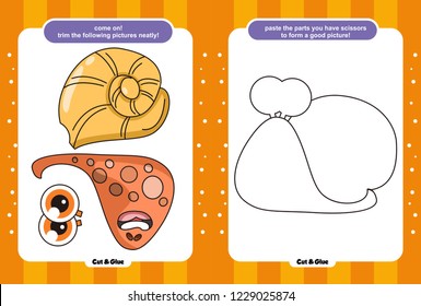 Educational paper game for kids, Use scissors and glue and restore pictures, Simple child application with dogs, chickens, bears, crocodiles, giraffes, sheep, cats, lions, snails, mice.