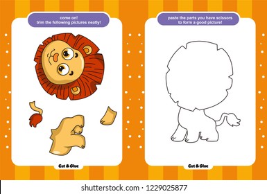 Educational paper game for kids, Use scissors and glue and restore pictures, Simple child application with dogs, chickens, bears, crocodiles, giraffes, sheep, cats, lions, snails, mice.