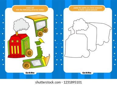 Educational paper game for kids, Use a and glue and restore pictures, Simple child application with train
