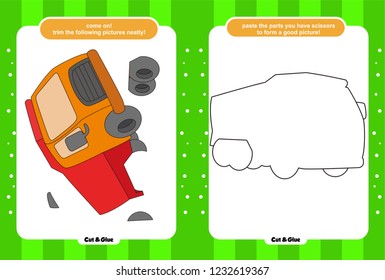 Educational paper game for kids, Use scissors and glue and restore pictures, truck illustration.