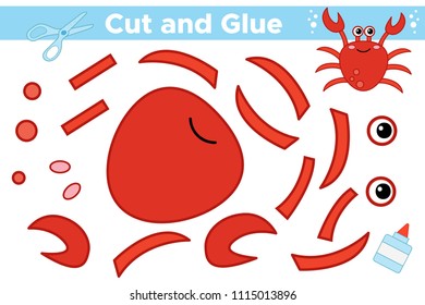 Educational paper game for preschool kids. Cut and glue cartoon red crab. Activity worksheet. Vector illustration.