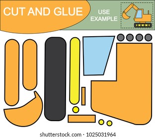 Educational paper kid’s game. Use scissors and glue to create the image of excavator (transport). Vector illustration.