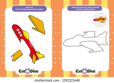 Educational paper games for kids, Use scissors and glue and restore pictures, Simple child applications with airplane, funny cartoon airplane