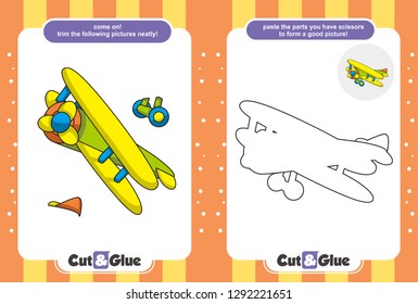 Educational paper games for kids, Use scissors and glue and restore pictures, Simple child applications with airplane, funny cartoon airplane