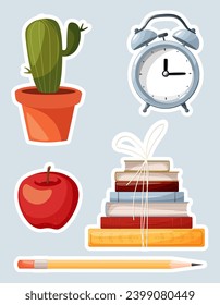 Educational patches, badges, stickers, logos. A set of stickers on the theme of education, school, study.Vector school illustrations of books, apple, alarm clock, pencil, home plant