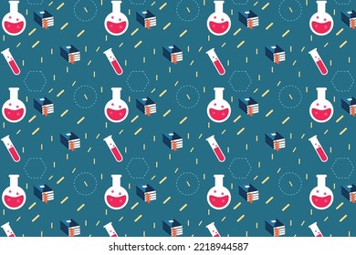 Educational pattern decoration with test tubes and book icons. Study backdrop and book cover seamless pattern design. Science background and pattern texture vector on a blue background.