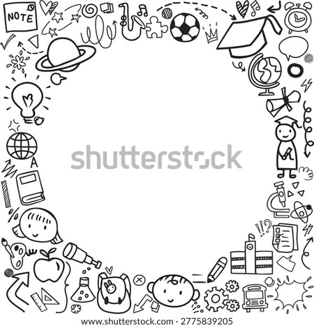 A educational pattern frame of school icons with central copy space featuring graduation cap world globe and school bus.