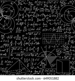 Educational physics vector seamless pattern with handwritten physical formulas, plots, calculations