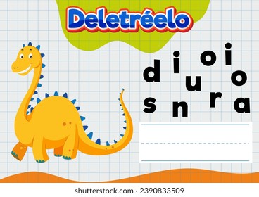 An educational picture featuring a dinosaur-themed spelling worksheet in Spanish