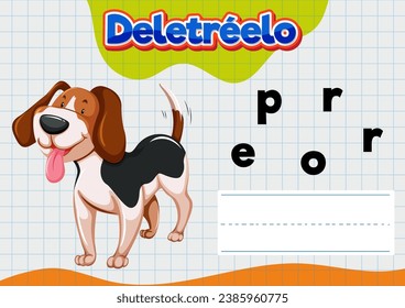 Educational picture with a spelling worksheet in Spanish for children featuring a dog