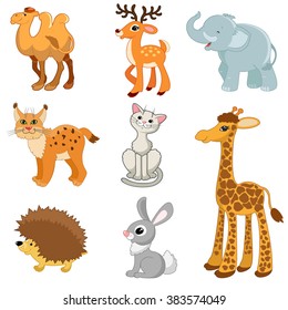 Educational pictures, animals: camel, deer, elephant, lynx, cat, giraffe, hedgehog, hare