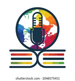 Diseño del logotipo del icono del podcast educativo. Ilustración vectorial de la plantilla del logotipo del libro de difusión internacional.