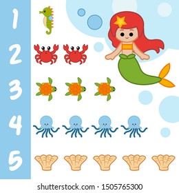 Educational poster for children about numbers from one to five. Vector cartoon illustration. Learning counts for preschoolers. Little mermaid and sea animals