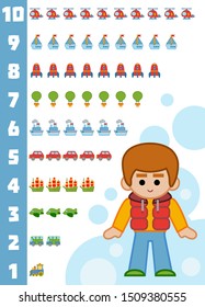 Educational poster for children about numbers from one to ten. Vector cartoon illustration. Learning counts for preschoolers. Transport set