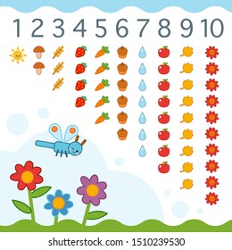 Educational Poster For Children About Numbers From One To Ten. Vector Cartoon Illustration. Learning Counts For Preschoolers. Set Of Nature Objects