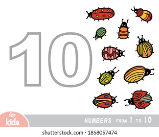 Educational poster for children about numbers. Digit ten, ten bugs. Vector cartoon illustration. Learning counts for preschoolers