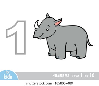 Educational poster for children about numbers. Digit one, one rhino. Vector cartoon illustration. Learning counts for preschoolers