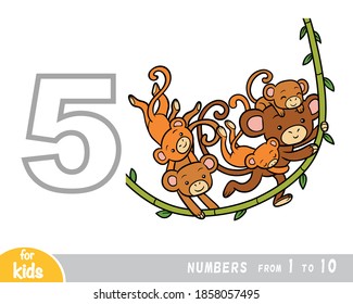 Educational poster for children about numbers. Digit five, five monkeys. Vector cartoon illustration. Learning counts for preschoolers