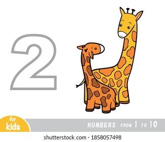 Educational poster for children about numbers. Digit two, two giraffes. Vector cartoon illustration. Learning counts for preschoolers