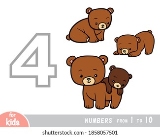 Educational poster for children about numbers. Digit four, four bears. Vector cartoon illustration. Learning counts for preschoolers