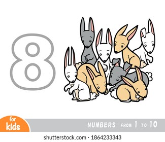 Educational poster for children about numbers. Digit eight, eight rabbits. Vector cartoon illustration. Learning counts for preschoolers