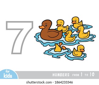 Educational poster for children about numbers. Digit seven, seven ducks. Vector cartoon illustration. Learning counts for preschoolers