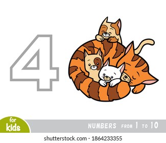 Educational poster for children about numbers. Digit four, four cats. Vector cartoon illustration. Learning counts for preschoolers